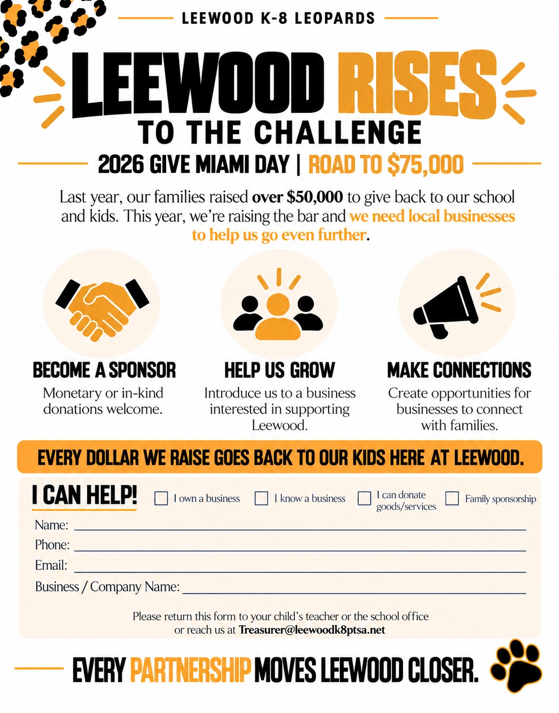 Leewood Rises to the Challenge sponsor flyer. 2026 Give Miami Day, road to $75,000. Become a sponsor, help us grow, make connections. Monetary or in-kind donations welcome. Return the form to your child's teacher or the school office, or reach the treasurer at Treasurer at leewoodk8ptsa.net.